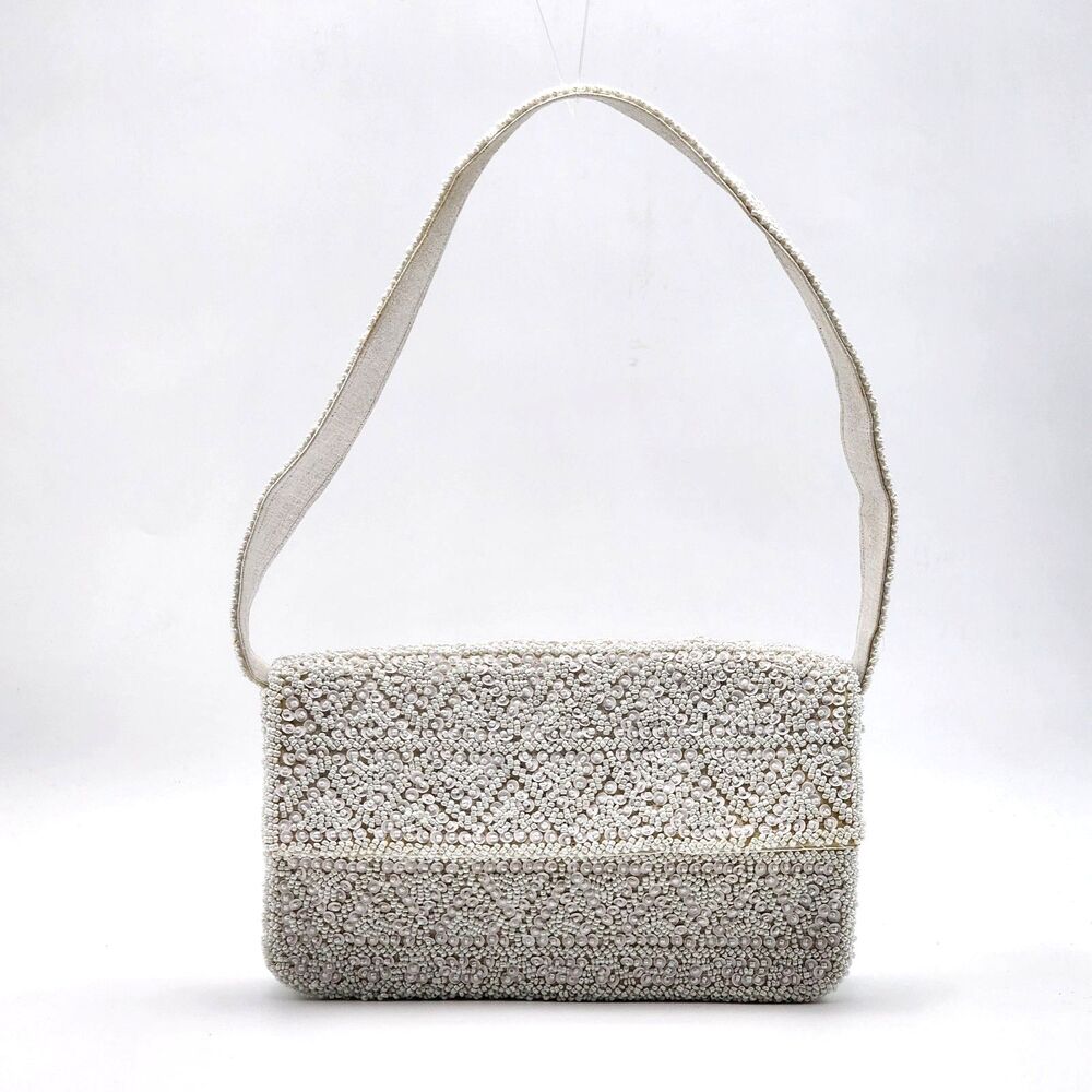 Lulu NYC Allover White Beaded Flap Bag Baguette Shoulder Bag Bridal Wedding HTF